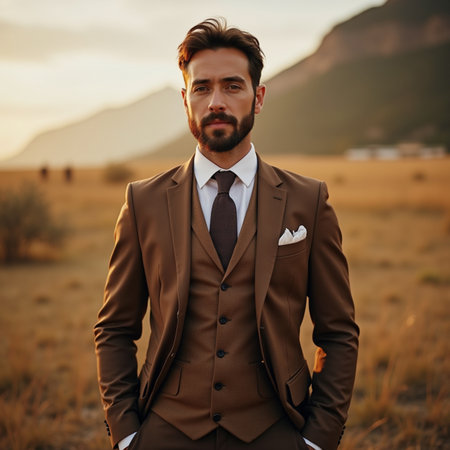 Handsome young man in a brown suit on the background of mountainsの素材