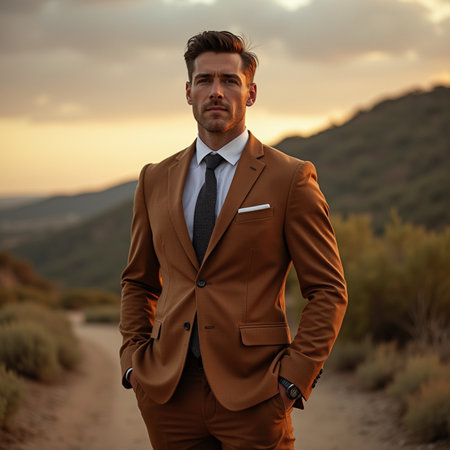 Handsome young man in a brown suit on a mountain road.の素材