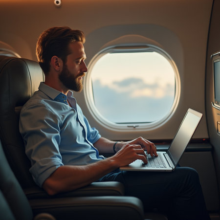 Handsome businessman working on his laptop while sitting in the planeの素材