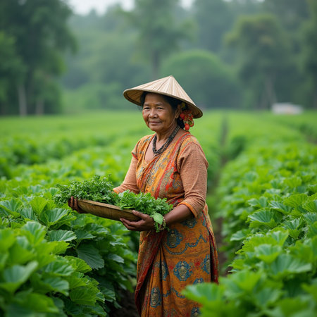 Thai woman in traditional dress holding basket full of fresh green vegetables in the fieldの素材