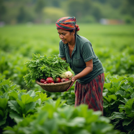 Indian female farmer holding a basket full of fresh vegetables in the fieldの素材