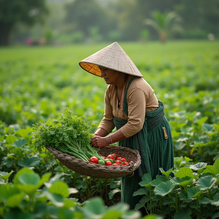 Vietnamese woman harvesting vegetables in a field in the countryside of Vietnamの素材