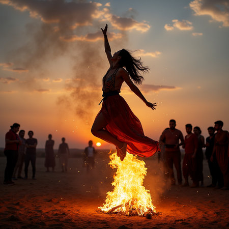 Young woman dancing on the beach at sunset with a bonfire.の素材