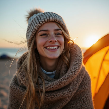 Portrait of a happy young woman in warm clothing smiling while standing near tent at the beachの素材