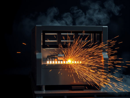 Industrial laser cutting machine with sparks and smoke. 3d renderingの素材