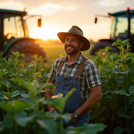 Portrait of a smiling farmer standing in front of the tractor at sunsetの素材