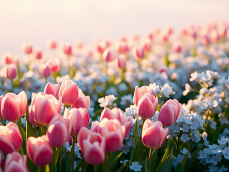 Pink tulips and white hyacinths in the sunset light.の素材
