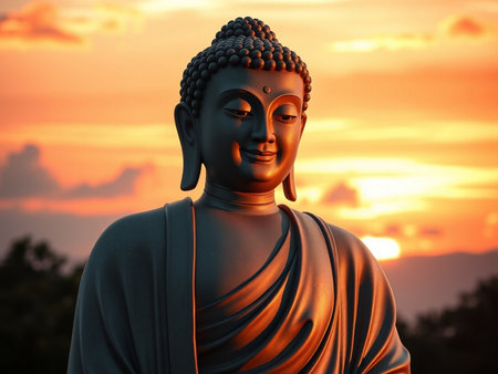 Buddha statue at sunset background. 3d rendering and illustration.の素材