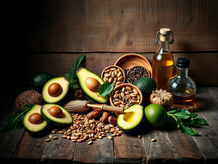 Healthy food concept with avocado, seeds and oil on wooden backgroundの素材