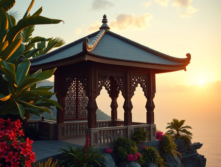 Pavilion on the rock at sunset,3d render.の素材