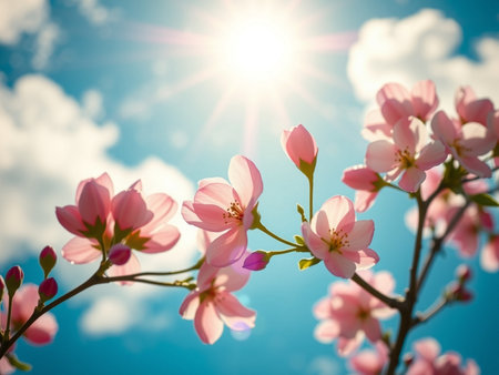 Cherry blossoms on blue sky background. Cherry blossom in spring.の素材