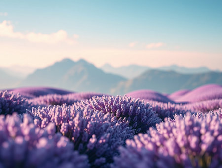 Purple field of blooming lavender on the background of mountainsの素材