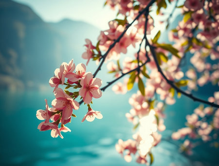 cherry blossom in spring on the background of the sea and mountainsの素材