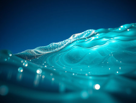 Water surface with bubbles on blue background. 3d render illustration.の素材