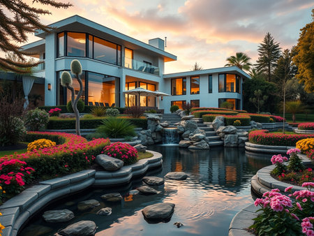 Modern cozy house with pool and parking for sale or rent. Luxury house in the garden.の素材