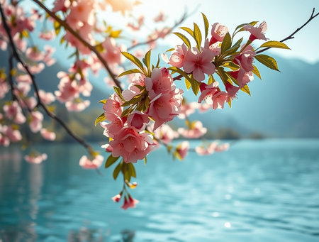 Beautiful pink sakura blossom in spring time over blue water backgroundの素材