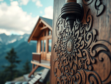 Wooden balcony with a view of the mountains. Toned.の素材