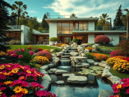 Luxury villa in the garden with beautiful landscaping.の素材