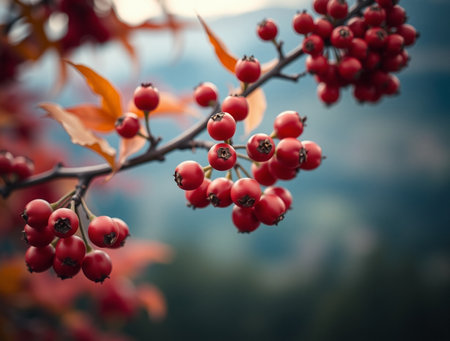 Hawthorn berries on a branch in the mountains. Autumn backgroundの素材