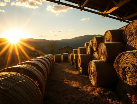 Straw bales on the field at sunset in the countryside.の素材