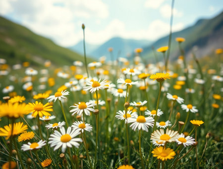 Meadow with daisies on the background of the mountainsの素材