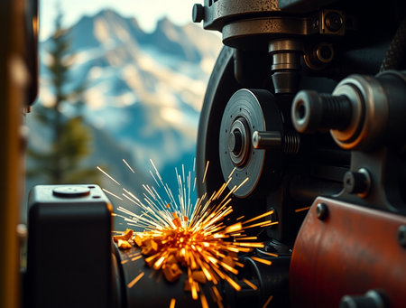 Industrial welding machine with sparks flying through the air close-upの素材