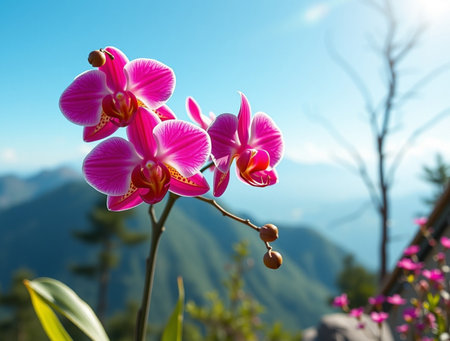 Pink orchid flowers on the background of mountains and blue sky.の素材