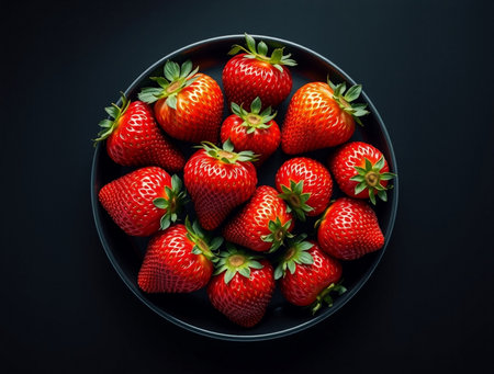 Strawberries in a bowl on a black background, top viewの素材