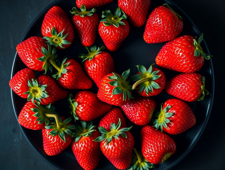 Strawberries in a black bowl on a dark wooden background.の素材