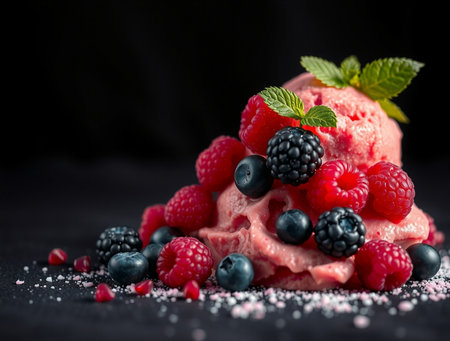 Homemade raspberry ice cream with fresh berries and mint on black backgroundの素材