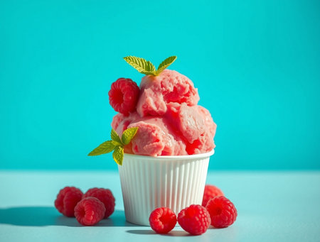 Raspberry ice cream in a white bowl with fresh raspberries on blue backgroundの素材