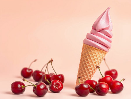 Ice cream in waffle cone and fresh cherries on pink backgroundの素材