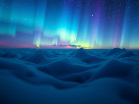 Aurora borealis in the night sky over winter landscape.の素材