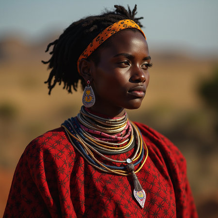 Portrait of a beautiful young African woman in traditional red dress with beads.の素材