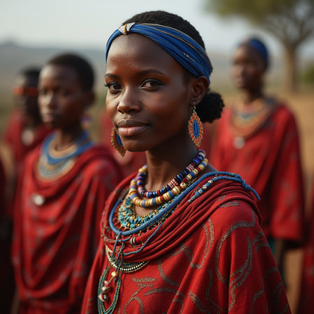 Portrait of a beautiful young African woman in red clothes standing in the field.の素材