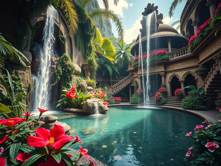 Beautiful tropical garden with waterfall and flowers, Bali, Indonesiaの素材
