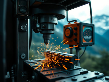 CNC milling machine cutting metal with sparks. 3d renderingの素材