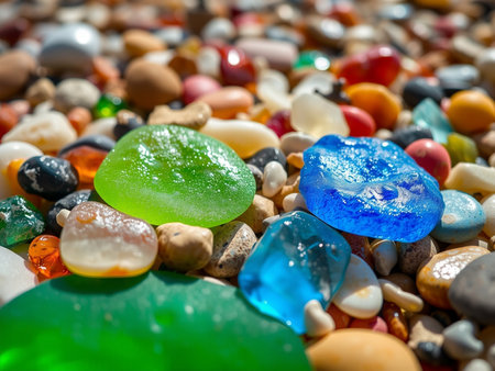 Colorful stones on the beach, close-up, shallow depth of fieldの素材