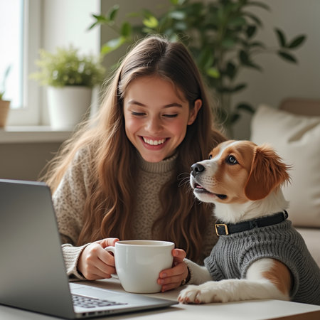 smiling young woman holding cup of coffee and looking at beagle dog while working on laptop at homeの素材