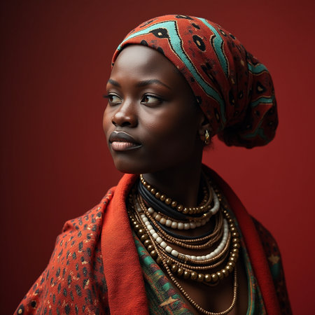 Portrait of a beautiful young African woman wearing traditional clothing and accessories.の素材