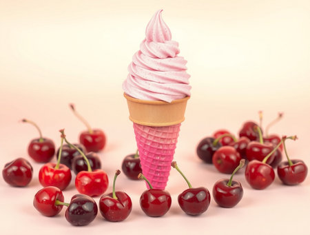 Ice cream in waffle cone with cherries on a light backgroundの素材