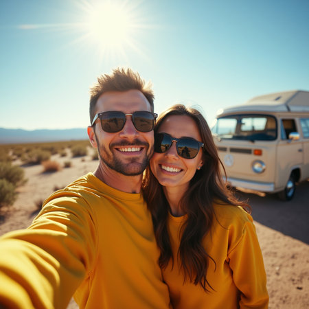 couple taking selfie with campervan on sunny day in desertの素材