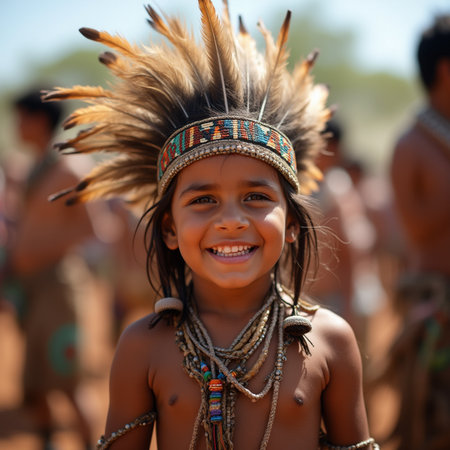 Native american Indian child in traditional costume smiling at camera.の素材