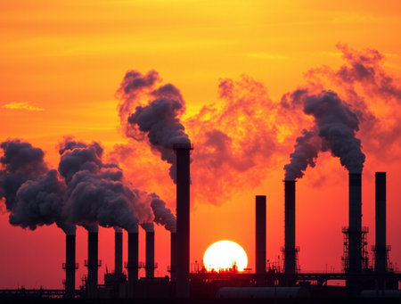 Industrial landscape with chimneys of power plant on sunset sky backgroundの素材
