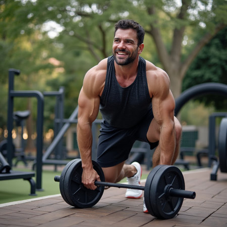 Athletic Man Doing Heavy Weight Exercise For Back With Barbellの素材