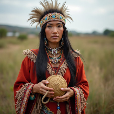 Portrait of a beautiful Indian woman in traditional clothing and hatの素材