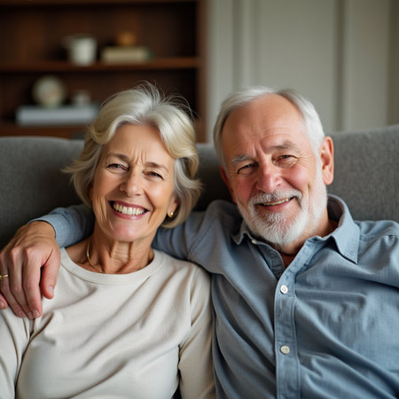Portrait of happy senior couple sitting on sofa at home. They are looking at camera and smilingの素材