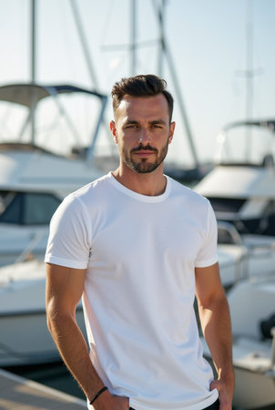 Portrait of a handsome man in white t-shirt on the background of yachtsの素材