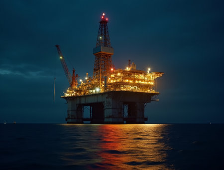 Oil and gas platform in the gulf of thailand at night.の素材