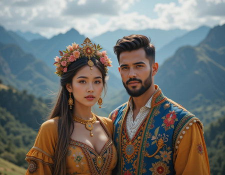 Beautiful asian couple in traditional clothes posing in a mountain valleyの素材